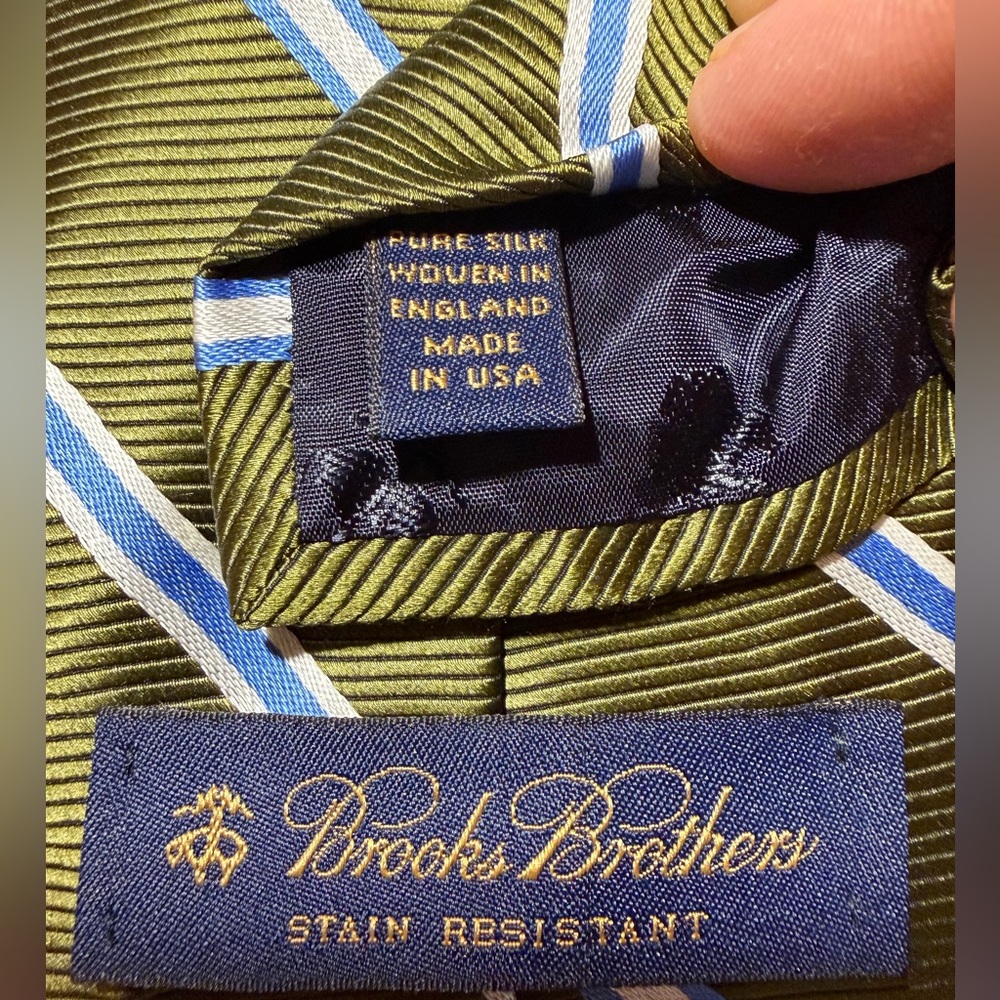 Brooks Brothers Ribbed Textured Diagonal Stripe Olive‎ Green Blue Silk Neck Tie - Picture 3 of 5